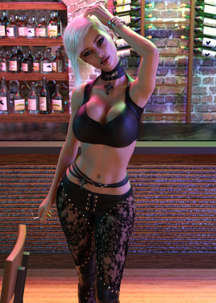 3d akstoak bar big_breasts big_lips blonde_hair busty choker cigarette cleavage cross eyeliner female flirting hot_date hourglass_figure lace_pants large_breasts leather_choker liquor looking_at_viewer mascara midriff narrow_waist petite pinup posing seductive seductive_look short_hair small_waist smoking solo solo_female solo_focus tubetop waist_strap whiskey wide_hips