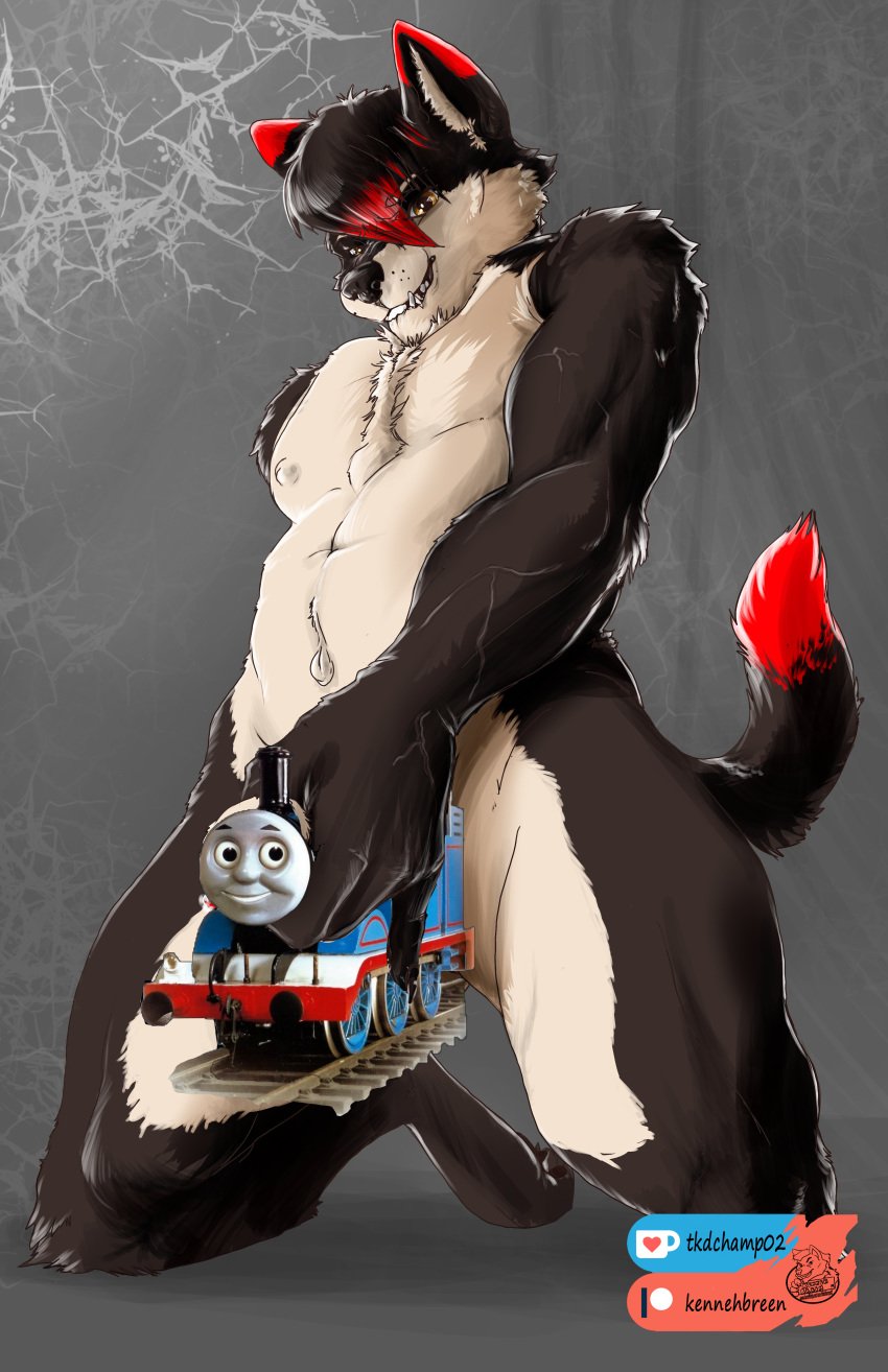 absurd_res anthro bitelips canid canine censored genitals hi_res kennehbreen kneeling_down male mammal mattel penis penis_grab solo thomas_and_friends thomas_the_tank_engine tkdchamp02 what