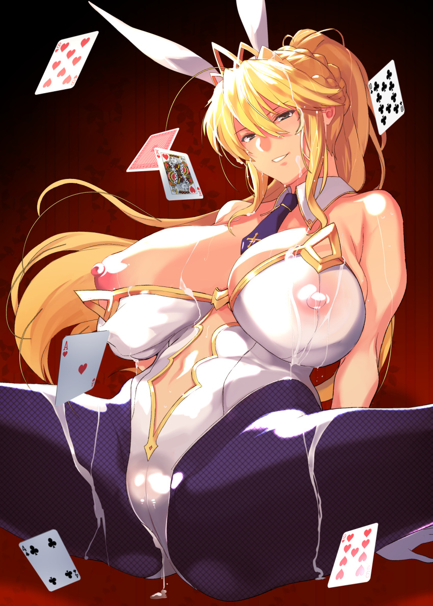 ahoge animal_ears artoria_pendragon artoria_pendragon_(lancer) artoria_pendragon_(swimsuit_ruler) ass bangs bare_shoulders blonde_hair blue_legwear blue_neckwear blush braid breasts bunny_ears bunnysuit card covered_nipples cum cum_on_body detached_collar fate/grand_order fate_(series) female fishnet_legwear fishnets french_braid gradient gradient_background green_eyes hair_between_eyes highleg highleg_leotard highres large_breasts leaning_back leotard leotard_pull long_hair looking_at_viewer navel navel_cutout necktie nipples one_breast_out pantyhose playing_card ponytail saruanu sidelocks sitting smile solo spread_legs thighs tiara wrist_cuffs