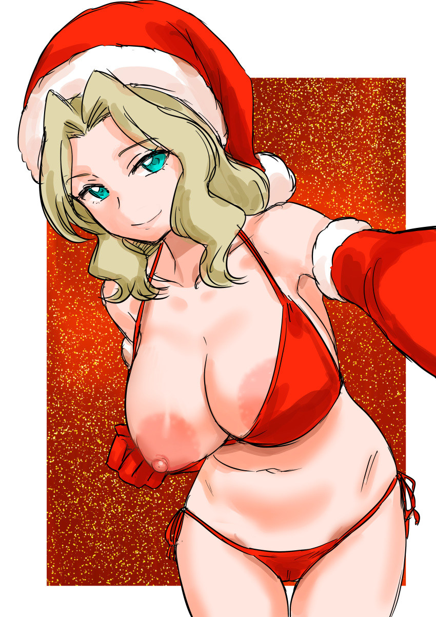 absurdres areola_slip areolae armpit_peek bikini blonde_hair blue_eyes blush breasts cameltoe christmas cleavage closed_mouth collarbone elbow_gloves eyebrows_visible_through_hair female girls_und_panzer gloves groin hat highres hisaki kay_(girls_und_panzer) kuppipi_ramutarou large_areolae large_breasts long_hair looking_at_viewer navel nipples one_breast_out red_bikini red_gloves red_headwear santa_hat side-tie_bikini smile solo standing swimsuit