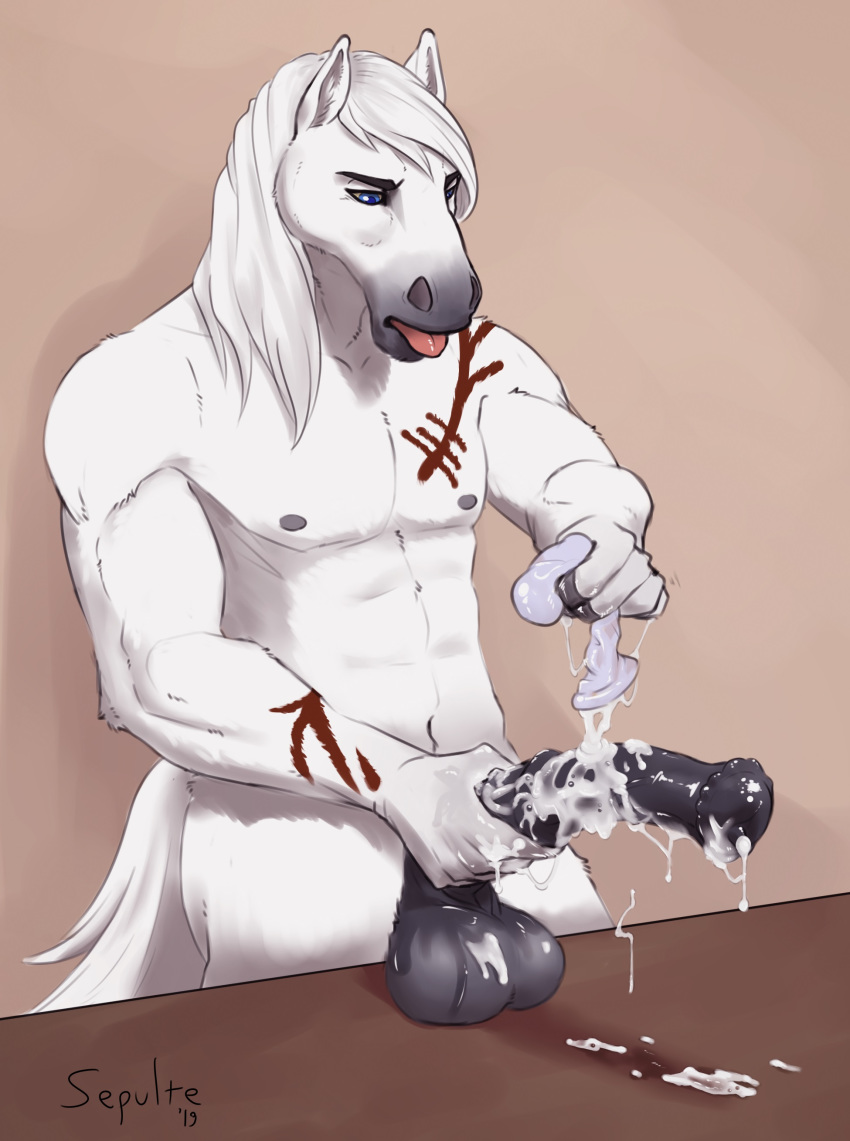 2019 5_fingers absurd_res animal_genitalia animal_penis anthro balls biceps big_balls big_penis biped bodily_fluids chin_tuft condom cum cum_on_balls cum_on_penis equid equine equine_penis facial_tuft fingers fur genital_fluids hair hi_res horse horsecock inner_ear_fluff male male_only mammal mane markings masturbation medial_ring multicolored_body multicolored_fur muscular nipples nude orgasm penis riche sepulte signature simple_background solo solo_male tongue tongue_out tuft two_tone_body two_tone_fur vein veiny_penis white_body white_fur white_mane