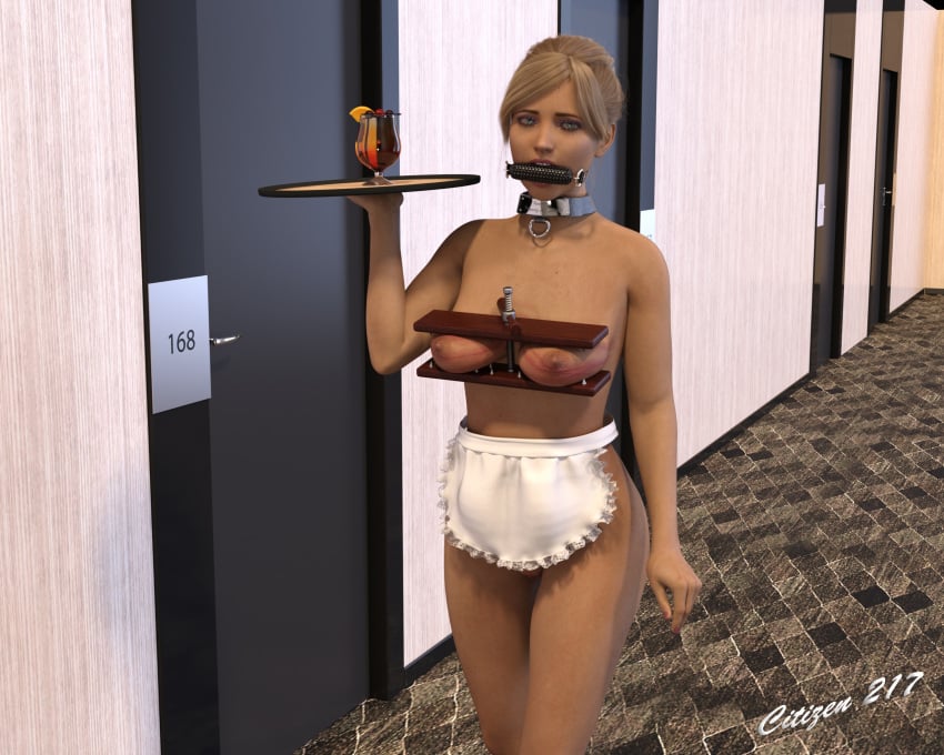 3d apron bit_gag bondage breast_bondage breast_press_(device) breast_torture breasts citizen_217 collar female femsub gag maid_apron nude serving_tray whip_marks