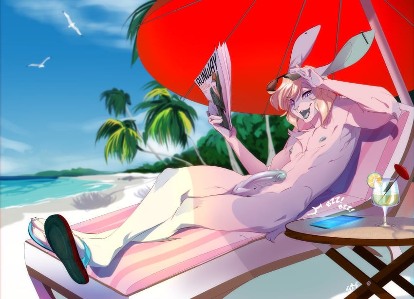 alcohol balls beach beverage clothing erection eyewear flip_flops footwear girly hi_res lagomorph leporid magazine mammal penis peritian phone public_nudity rabbit sand sandals sea seaside solo_male sunbathing sunglasses umbrella water