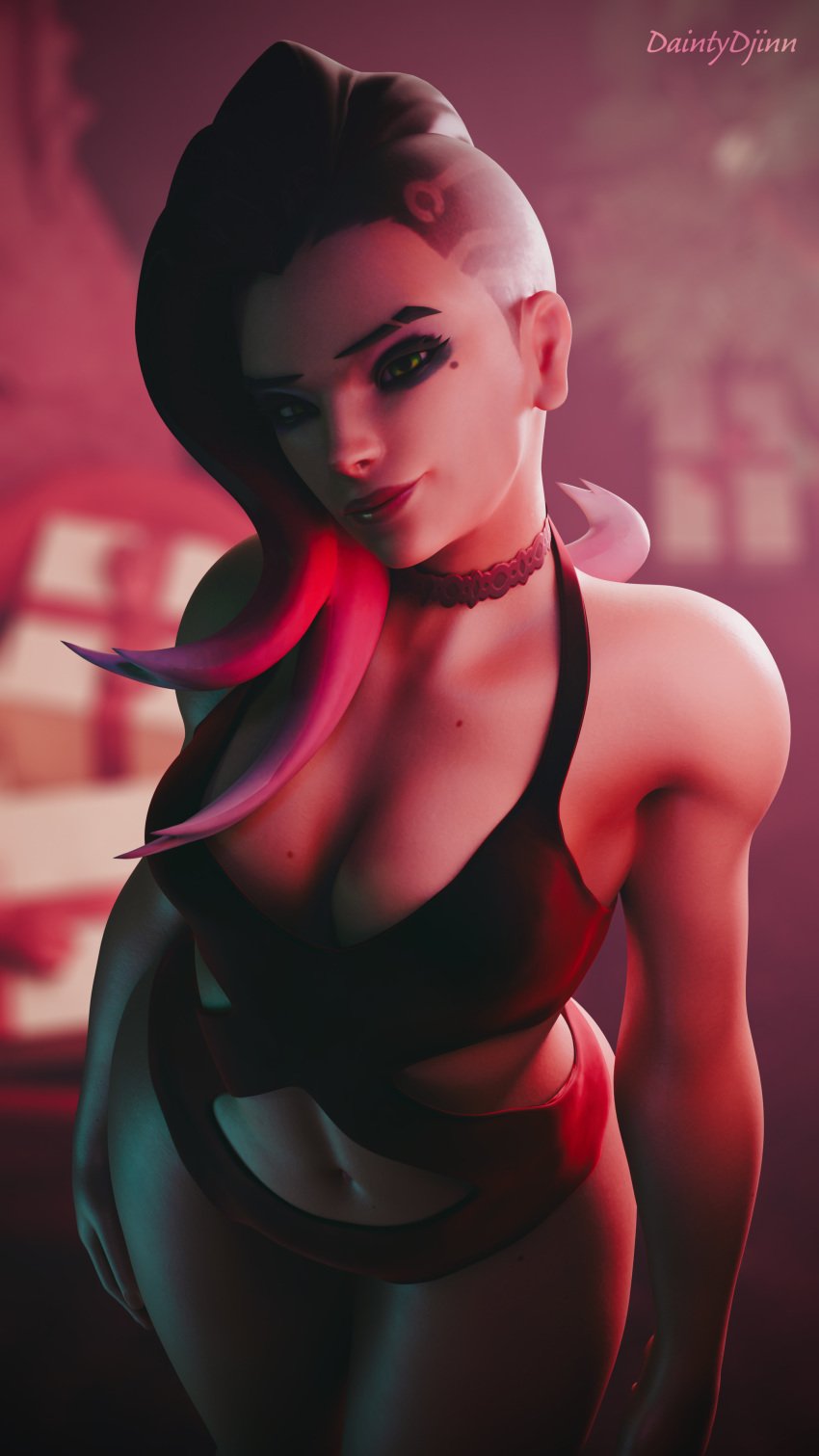 1girls 3d absurdres big_breasts breasts cleavage daintydjinn dark-skinned_female female female_only highres large_breasts latina looking_at_viewer overwatch peppermint_sombra solo sombra undercut