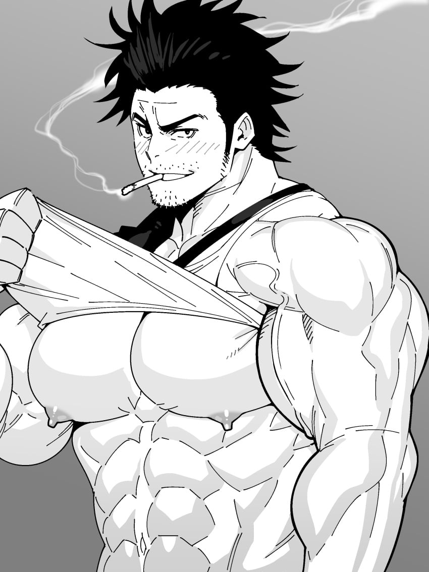 1boy abs bara bara_tits black_clover blush cigarette gay greyscale looking_at_viewer mabataki male_breasts male_only manly muscular muscular_male nipples pecs solo yami_sukehiro