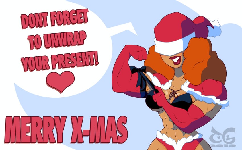 abs breasts christmas christmas_hat cleavage curly_hair elbow_gloves female flexing gloves muscles muscular_female powerpuff_girls red_hair redhead sara_bellum solo text toongrowner