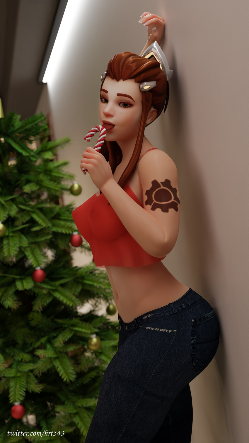 3d 4k breasts brigitte brown_eyes candy candy_cane cheeky christmas christmas_tree hi_res high_resolution highres jeans licking overwatch pinup red_clothing red_hair see-through see-through_clothing see-through_top smile tattoo thesmutcollector top tree