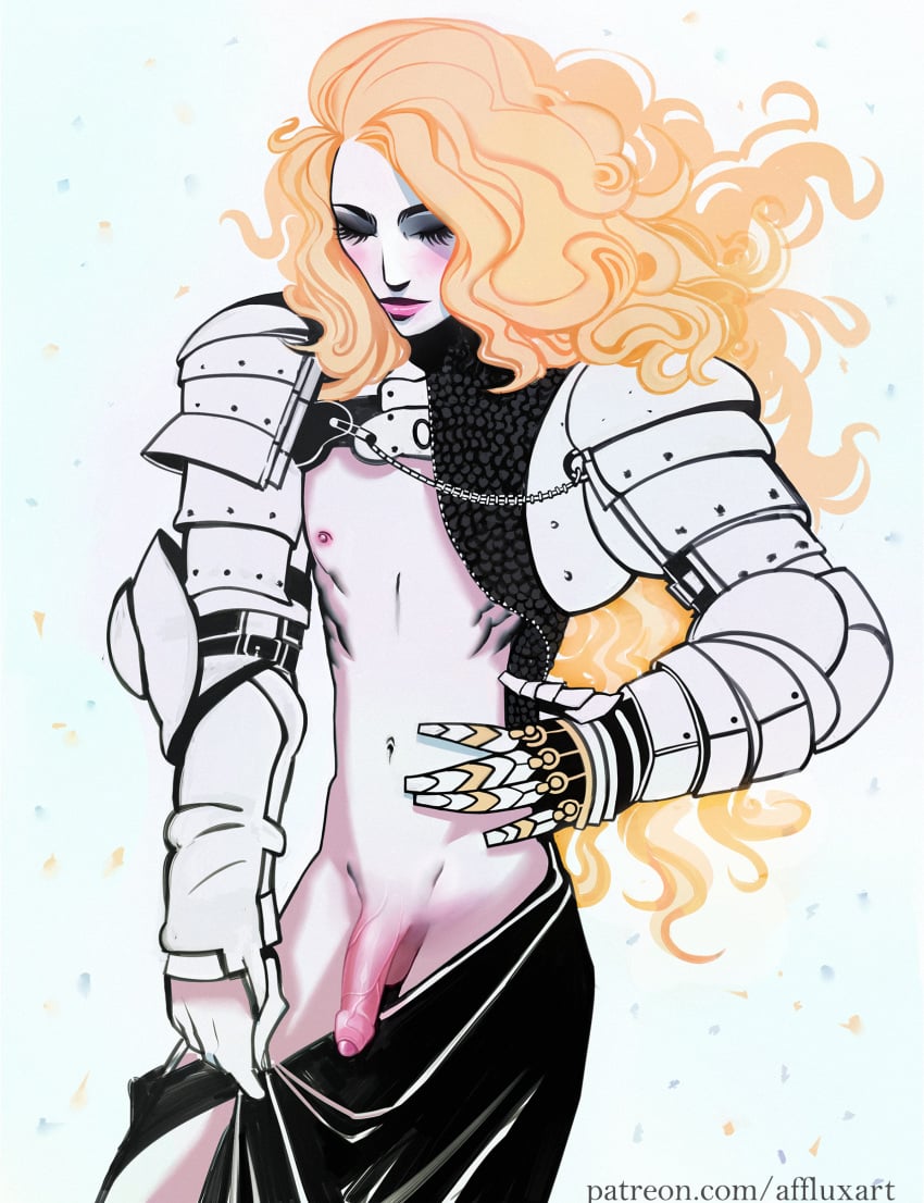 1boy 2019 afflux androgynous armor blonde_hair blush eyelashes eyeshadow femboy foreskin gauntlets long_hair male male_only navel nipples pale_skin patreon_username penis skirt_pull thin_waist veiny_penis