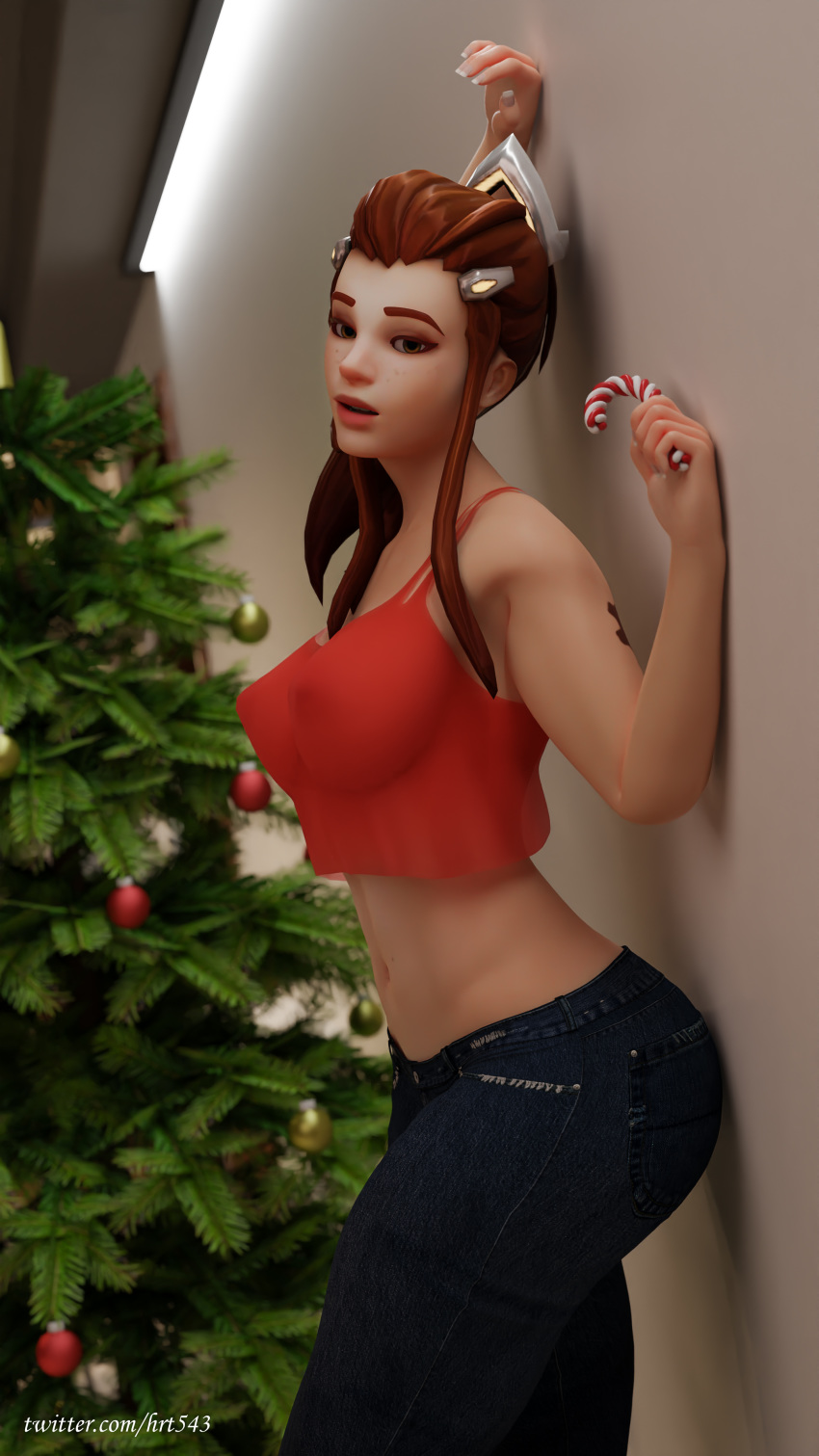 3d 4k breasts brigitte brown_eyes candy candy_cane christmas christmas_tree hi_res high_resolution highres jeans overwatch pinup red_clothing red_hair see-through see-through_clothing see-through_top tattoo thesmutcollector top tree