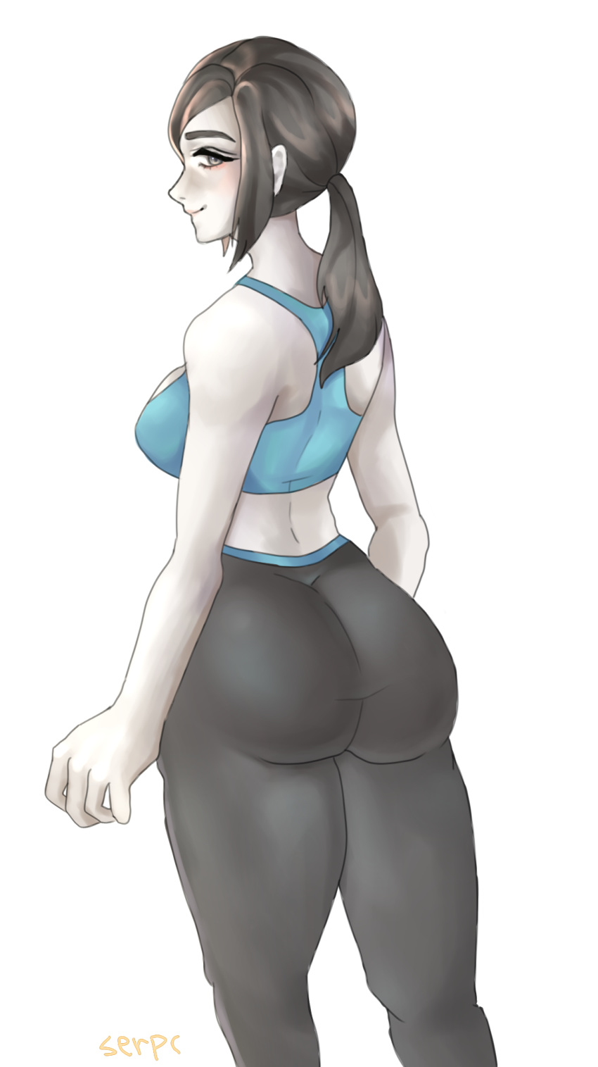 ass back clothed female grey_eyes grey_hair leggings nintendo ponytail serpc solo sports_bra sportswear super_smash_bros. wii wii_fit wii_fit_trainer yoga_pants