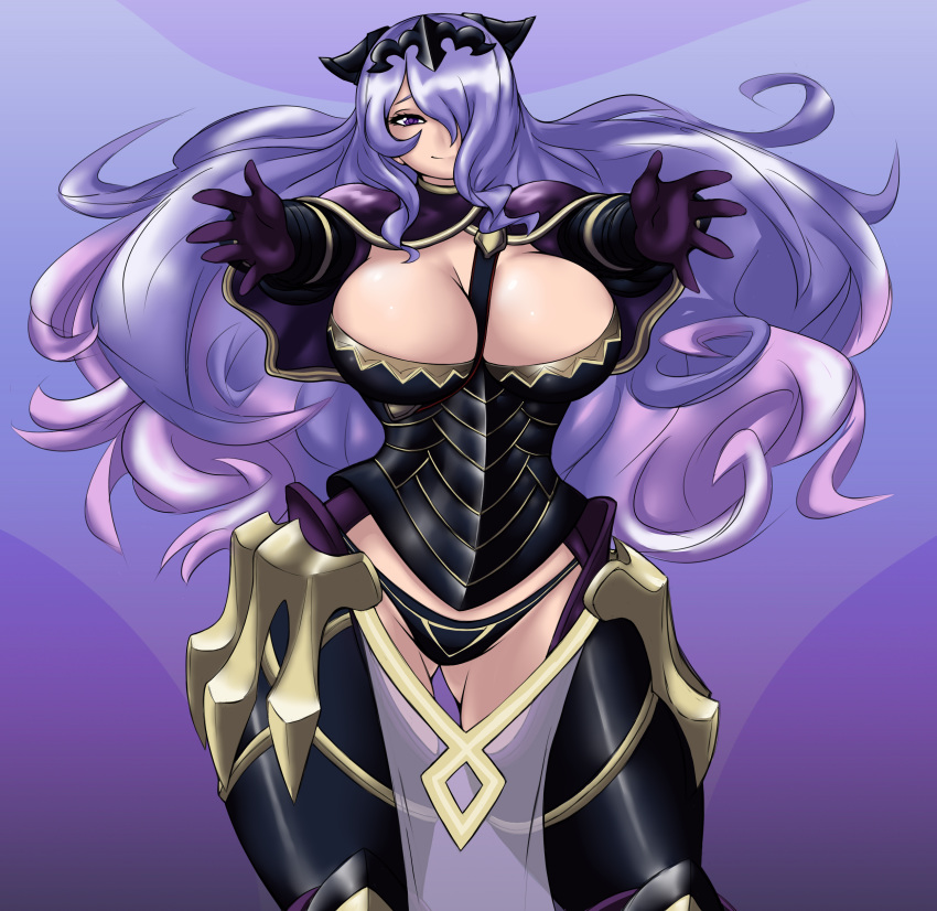 armor between_breasts black_panties breasts camilla camilla_(fire_emblem) deep_cleavage fire_emblem fire_emblem_fates hair_ornament huge_breasts kailyn nintendo panties purple_background purple_eyes purple_hair smile thick_thighs thighs