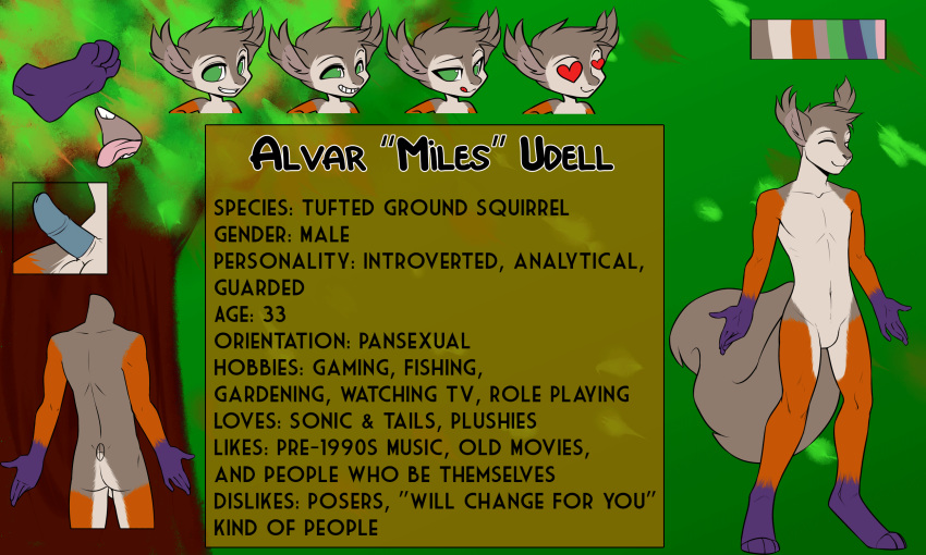 <3_eyes alvar_miles_udell animated anthro balls big_tail bio black_eyebrows blinking brown_background buckteeth eyebrows feet flat_chested fluffy fluffy_tail fur green_eyes grey_body grey_fur grin heart hi_res humanoid_feet humanoid_hands katastrophi licking licking_lips male male_only mammal model_sheet nude orange_body orange_fur painted_background penis profile purple_body purple_fur rodent sciurid simple_background smile snout solo solo_male teeth text_box tongue tongue_out tree tufted_ears white_belly white_body white_fur