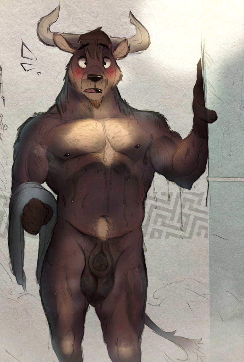 absurd_res animal_genitalia anthro balls big_balls blush bovid bovine brown_body darkened_balls darkened_genitalia darkened_penis darkened_sheath ear_piercing facial_hair fully_sheathed fur genitals goatee hi_res holding_object horn hybrid jumpy_jackal looking_at_viewer male male_only mammal musclegut muscular muscular_male navel newport nipples pecs penis piercing shaded sheath solo steam surprise ursid wet