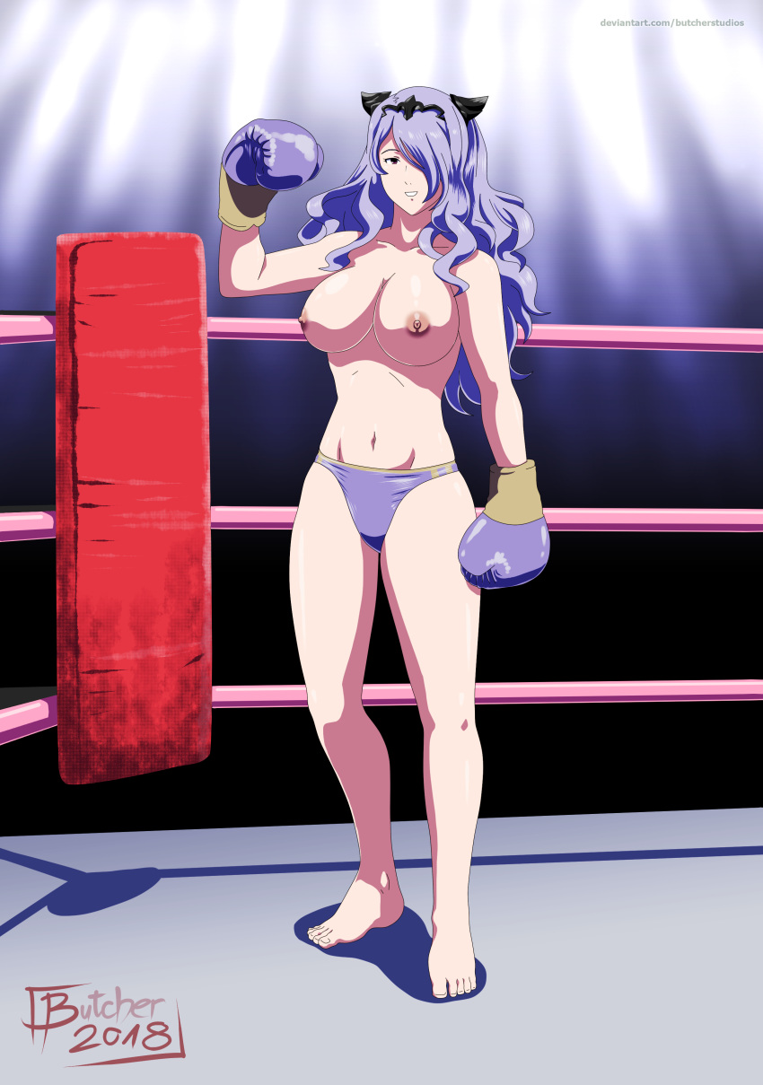 1girls alternate_version_available arm_support arm_up barefoot big_breasts boxing boxing_gloves boxing_ring boxing_tape breasts butcherstudios camilla_(fire_emblem) female female_only fire_emblem fire_emblem_fates gloves hair_over_one_eye headgear highres large_breasts light-skinned_female light_skin long_hair looking_at_viewer magenta_eyes mostly_nude nintendo nipples pale_skin panties purple_boxing_gloves purple_gloves purple_hair purple_panties solo teeth thick thick_thighs thighs topless topless_boxing wide_hips