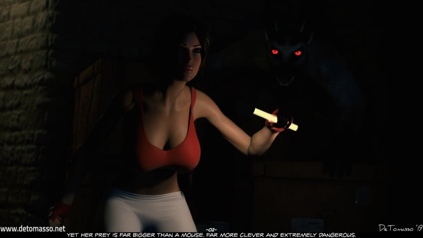 1girls 3d comic detomasso female human lara_croft lara_croft_(classic) solo_focus text tomb_raider werewolf