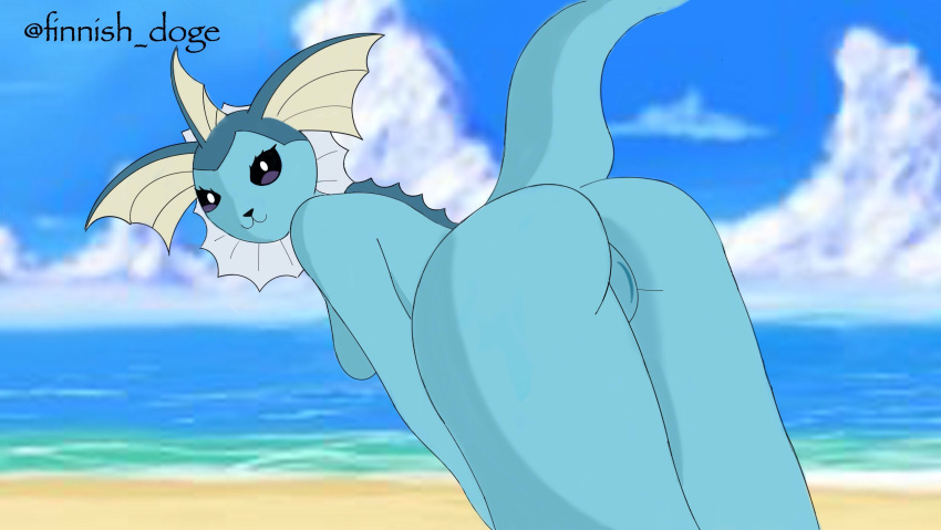 1girls anthro anthrofied ass beach blue canine eye_contact finnish_doge furry looking_at_viewer nintendo patreon pokémon_(species) pokemon pokemon_rgby text thick_thighs uncensored vaporeon water watermark wide_hips