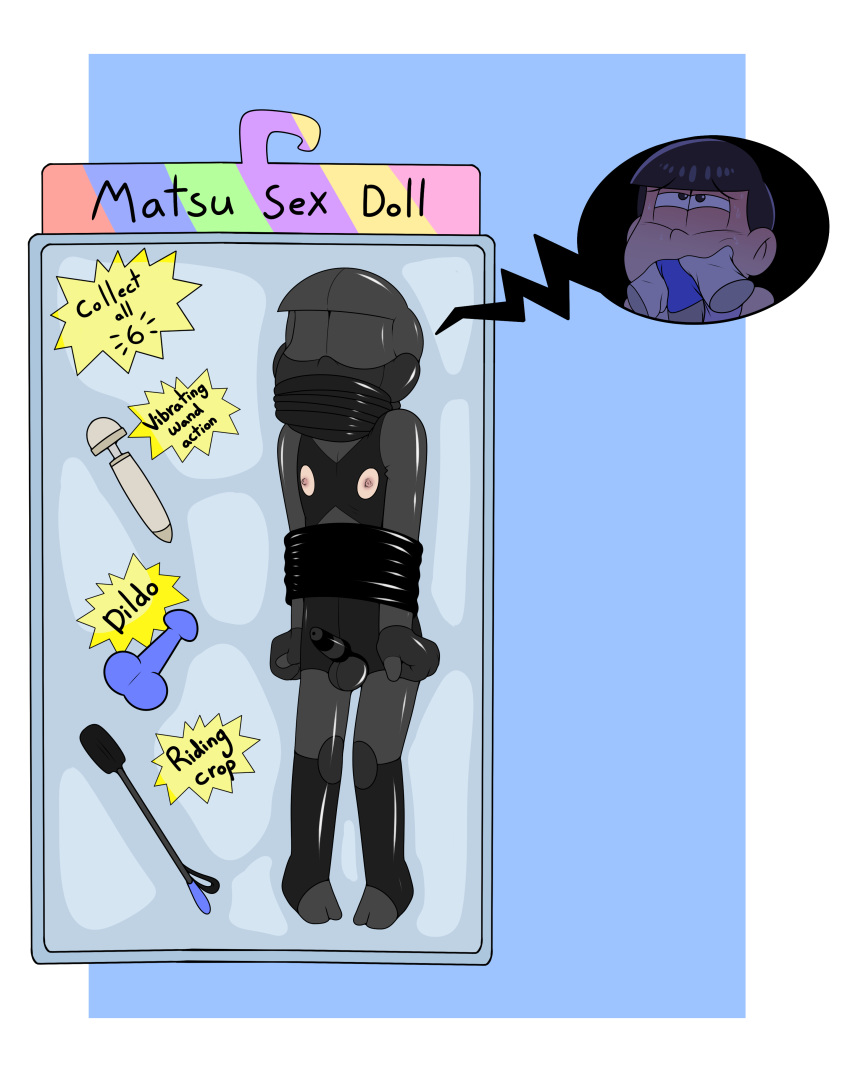 1boy blush dildo enookie gagged latex male_only matsuno_karamatsu osomatsu-san riding_crop sex_toy sweat underwear_gag vibrator