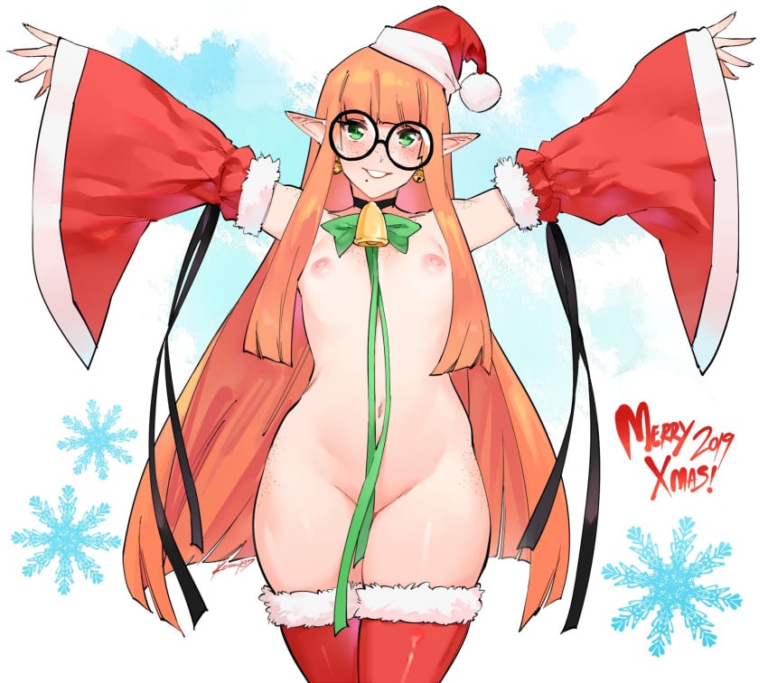 1girls areolae breasts christmas elf female female_only flat_chest freckles glasses kenshin187 kiara_(kenshin187) looking_at_viewer nipples round_glasses santa_hat solo thighhighs