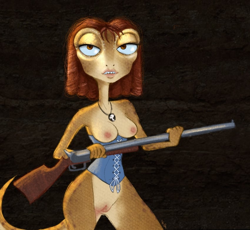 2019 beans_(rango) black_background breasts brown_eyes double-barreled_shotgun female firearm girdle gun hair half-closed_eyes iguanid jewelry lizard locket looking_at_viewer narrowed_eyes necklace nipples phenominalcosmicpowers pussy ranged_weapon rango_(film) reptile scalie shotgun simple_background solo teeth weapon