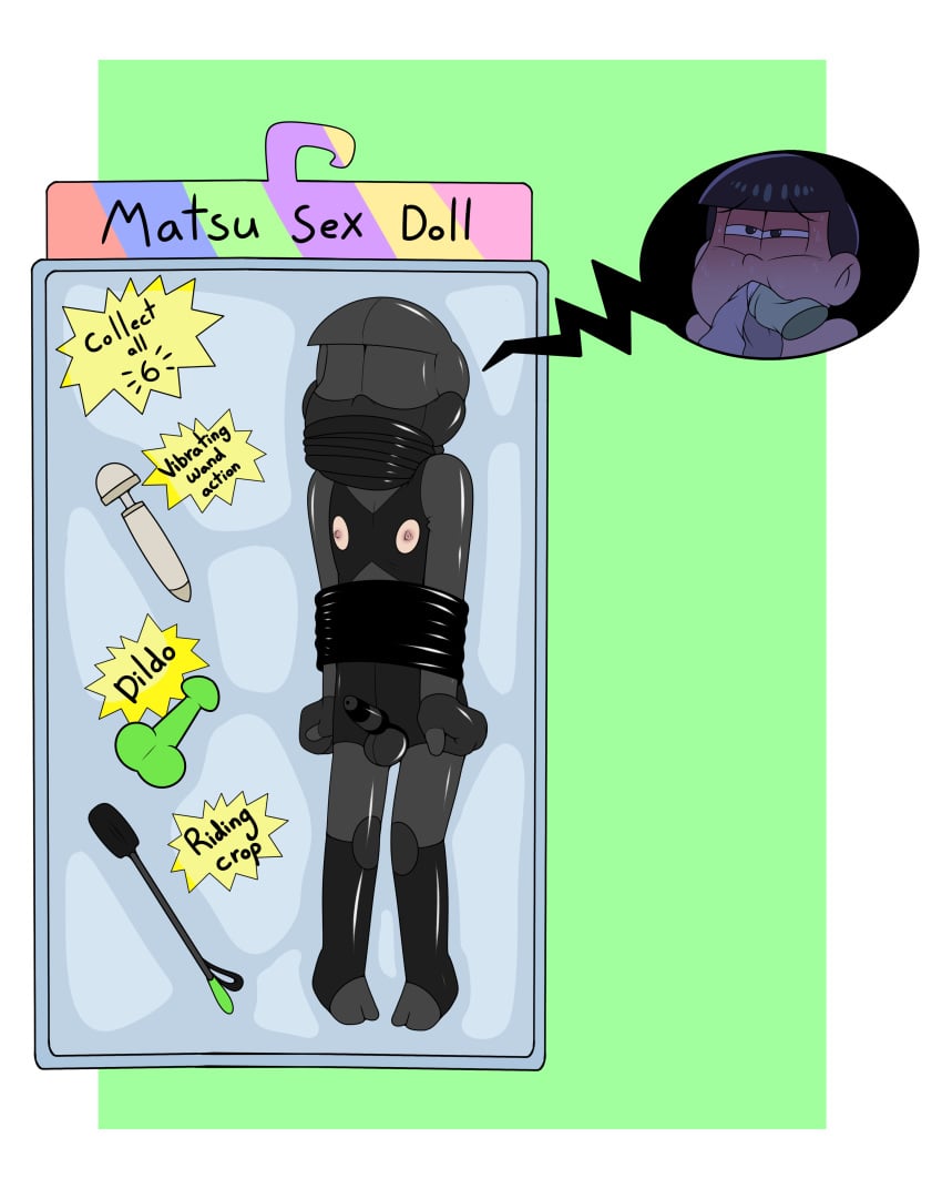 1boy areolae black_eyes black_hair dildo enookie face gag latex male male_focus male_only matsuno_choromatsu mouth_gag osomatsu-san packaged penis riding_crop rope_bondage text_bubble toy vibrator