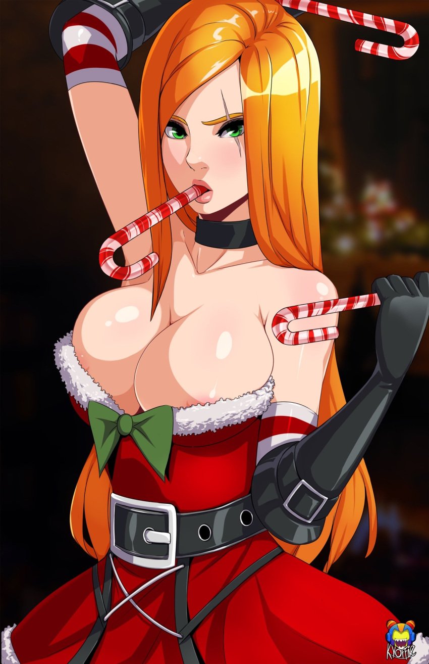 1girls areola_slip areolae belt breasts candy candy_cane candy_cane_in_mouth christmas_outfit cleavage dress eye_scar facial_scar female female_only front_view fur_trim green_eyes human katarina_du_couteau kyoffie large_breasts league_of_legends long_hair orange_hair riot_games scar slay_belle_katarina snowdown_showdown_series solo very_long_hair