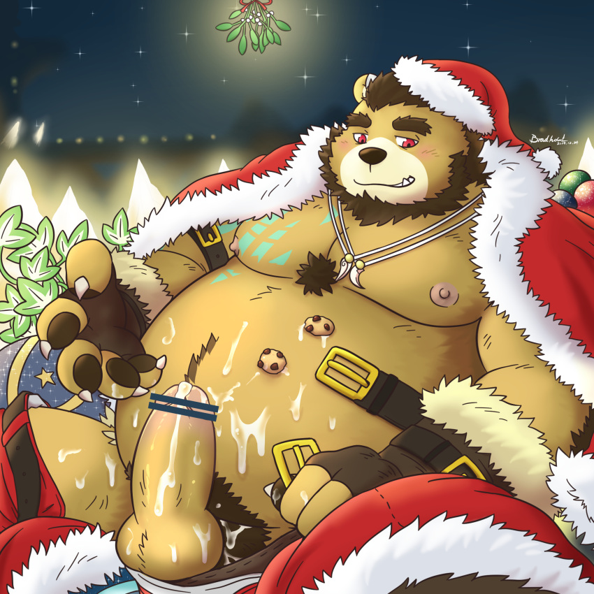 1:1 2019 anthro balls belly blush bodily_fluids bottomwear brown_body brown_fur censored christmas clothing cookie cum cum_on_penis cum_on_stomach cute_fangs erection food fur genital_fluids hat headgear headwear hi_res holidays humanoid_penis male male_only mammal moobs mtflying30371 navel night nipples outside overweight overweight_male pants penis pubes santa_claus santa_hat solo underwear ursid