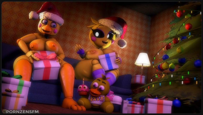 3d 3d_(artwork) artist_request beak big_breasts blue_eyes breasts christmas christmas_tree couch cupcake eyebrow_piercing eyebrows_raised five_nights_at_freddy's floor gloves glowing_eyes happy_holidays hat holding_object lamp large_breasts large_hips large_thighs leg_warmers legs_apart legs_crossed looking_at_another merry_christmas nipples ornament pink_cheeks pink_shoes plushie present presents puffy_nipples ribbon robot robot_joints santa_hat shoes smiling socks source_filmmaker toy_chica_(eroticphobia) toy_chica_(fnaf) wallpaper watermark white_eyes wooden_floor yellow_body yellow_hair yellow_skin