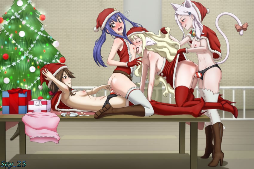 4girls blonde_hair blue_hair boots brown_boots brown_hair brown_high_heel_boots cake carla_(fairy_tail) christmas doggy_style fairy_tail finger_in_ass gloves high_heels licking mavis_vermilion multiple_girls nekomimi red_boots red_gloves red_high_heel_boots red_high_heels red_legwear reverse_cowgirl_position santa_hat scy_25 small_breasts stockings strap-on wendy_marvell white_hair white_legwear white_stockings white_thighhighs yuri zera_(fairy_tail)