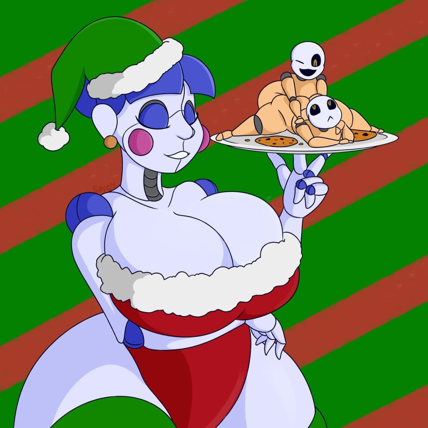 ballerina ballora ballora_(fnafsl) christmas_hat cookie eyes_closed five_nights_at_freddy's huge_ass huge_breasts minireena sausagesspicy sausagesspicy_(artist) smile thick_thighs wink yellow_eyes