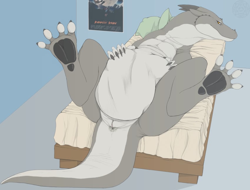 2018 4_toes 5_fingers anthro anus armorine ass bed belly biped black_claws black_horn claws detailed_background dragon female feral fingers front_view furniture grey_body grey_skin half-closed_eyes hand_on_stomach hi_res horn inside lying narrowed_eyes nude on_back on_bed oral_vore orange_eyes pawpads paws poster presenting presenting_hindquarters presenting_pussy pussy soft_vore solo spread_legs spreading stomach_bulge symbol toes vore watermark white_body white_skin wingless_dragon