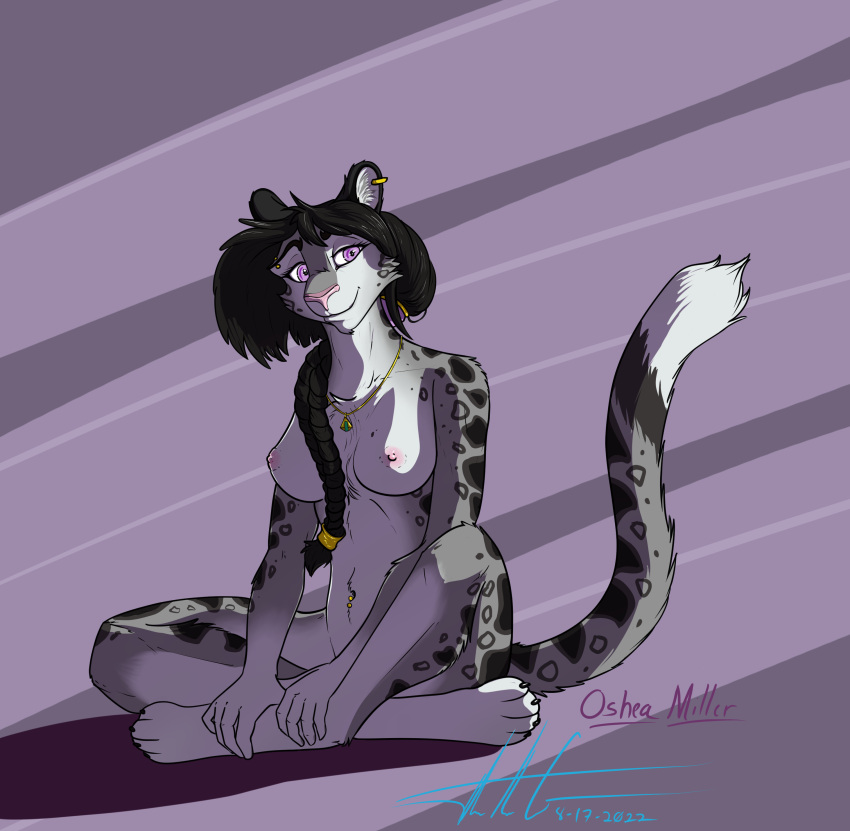 absurd_res anthro black_hair breasts commandercross exposed_breasts felid female hair hi_res mammal oshea_miller pantherine purple_eyes snow_leopard solo