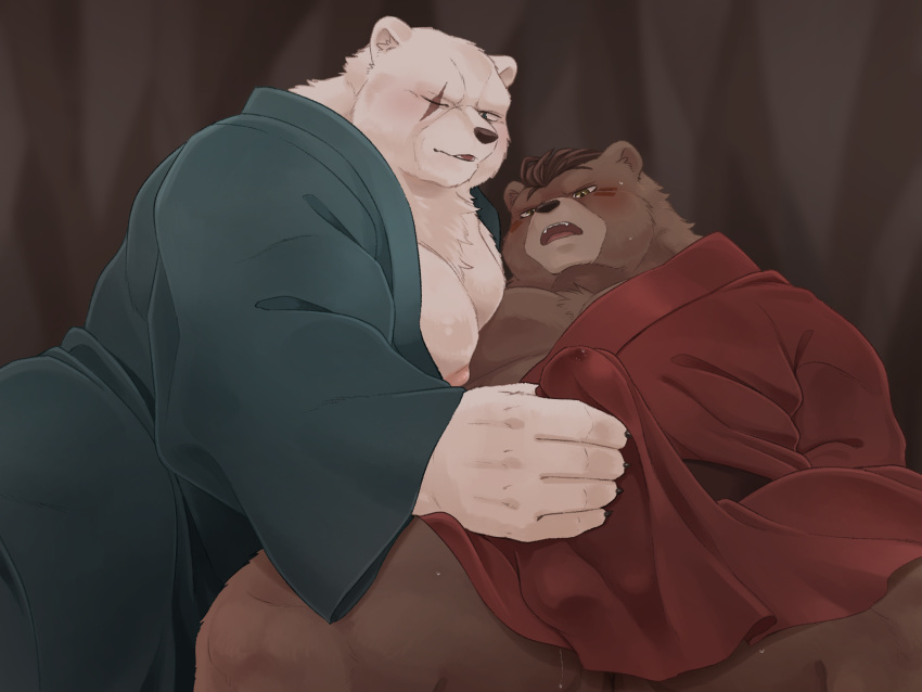 00makumakuma00 2019 4:3 anthro belly bodily_fluids brown_body brown_fur bulge clothing crushfang_(sdorica_sunset) cum dagger_(sdorica_sunset) duo fur genital_fluids handjob hi_res humanoid_hands male male/male mammal moobs nipples overweight overweight_male penile penis_outline polar_bear robe scar sdorica sdorica_sunset sex ursid ursine white_body white_fur