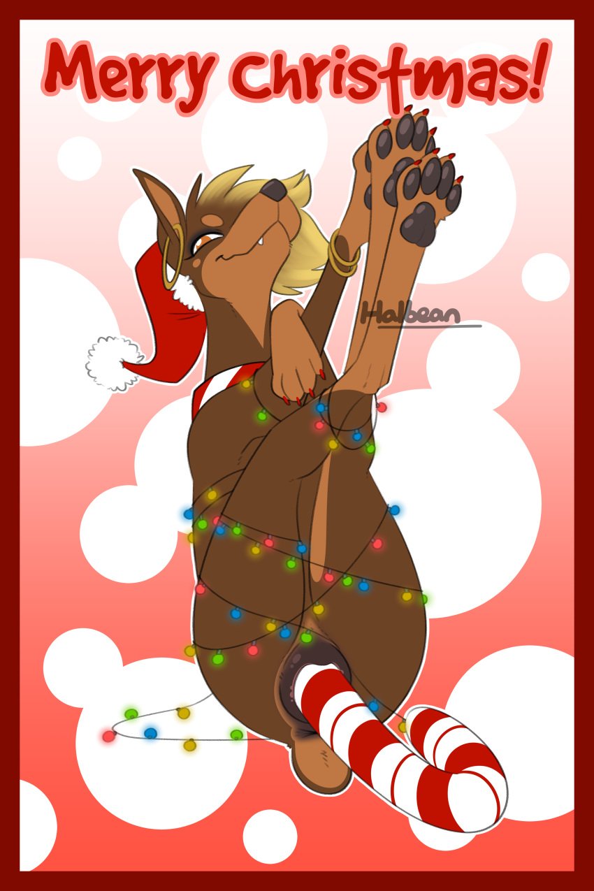 1girls abstract_background absurd_res animal_genitalia animal_pussy anus blonde_hair bracelet brown_body brown_fur candy candy_cane canid canine canine_pussy canis christmas christmas_lights clothing colored_nails cropped_tail dobermann domestic_dog eyeshadow female female_feral feral feral_with_hair food fur hair halbean hat headgear headwear hi_res holidays improvised_sex_toy jewelry lying mammal multicolored_body multicolored_fur nails on_back orange_eyes pawpads penetration pepper_(halbean) pinscher pussy red_nails santa_hat solo two_tone_body two_tone_fur vaginal_penetration