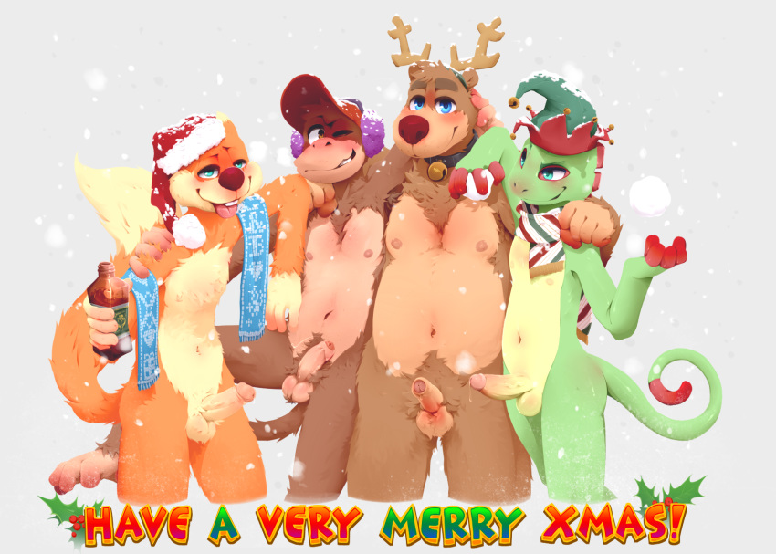 anthro ape balls banjo-kazooie banjo_(banjo-kazooie) blue_eyes bodily_fluids boner chameleon christmas clothing conker conker's_bad_fur_day diddy_kong donkey_kong_(series) erection gay group group_hug haplorhine hat headgear headwear hi_res holidays hollo_nut humanoid_penis lizard male male_only mammal monkey nintendo nipples nude penis playtonic_games primate rareware reptile rodent santa_hat scalie scarf sciurid smile smirk snowball text tongue tree_squirrel uncut ursid video_games yooka yooka-laylee