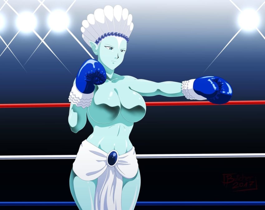 1girls arena bishoujo_senshi_sailor_moon blue_boxing_gloves blue_gloves blue_skin boxing boxing_gloves boxing_ring boxing_tape breasts butcherstudios female female_only gloves headdress humanoid large_breasts pointy_ears princess_snow_kaguya punch shiny_body solo thick thick_hips thick_thighs topless villainess wide_hips