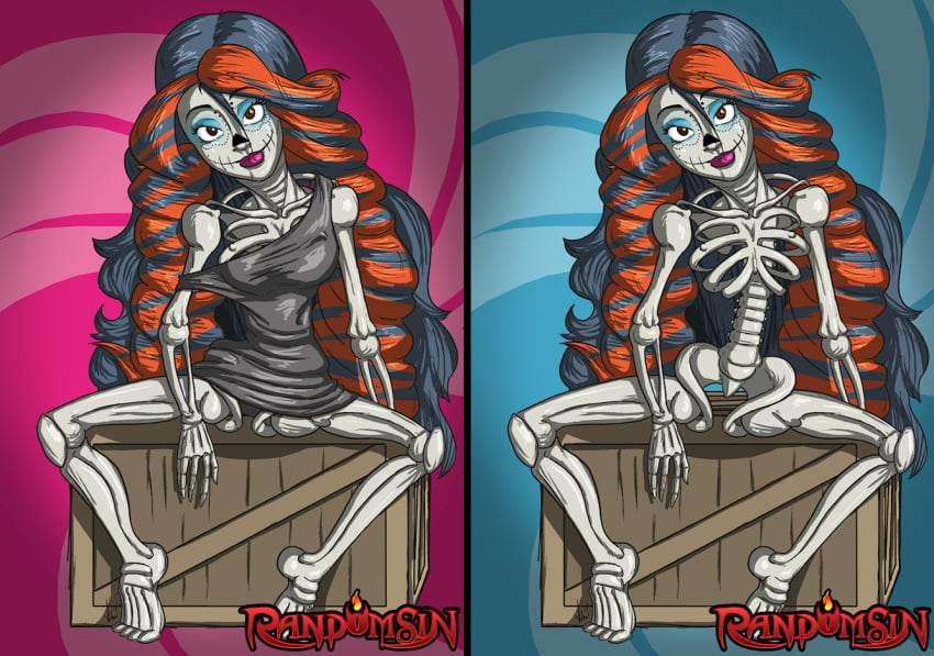 black_hair dress eyeshadow female lipstick long_hair looking_at_viewer monster_high nude pinup randomsin red_hair skeleton skelita_calaveras spread_legs two_tone_hair