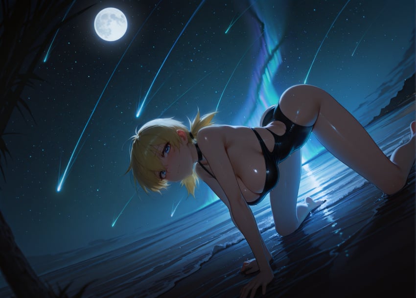 ai_generated all_fours ass aurora bare_arms bare_shoulders barefoot beach black_choker black_one-piece_swimsuit blonde_hair blue_eyes blush breasts casual_one-piece_swimsuit choker cleavage closed_mouth clothing_cutout dutch_angle female full_moon hellsing hellsing_ultimate horizon large_breasts looking_at_viewer low_twintails meteor_shower moon moonlight mountainous_horizon night night_sky ocean one-piece_swimsuit outdoors reflective_water seras_victoria shiny_skin shooting_star shore short_twintails sky smile solo star_(sky) starry_sky swimsuit thighs tree twintails twoderrick water wet