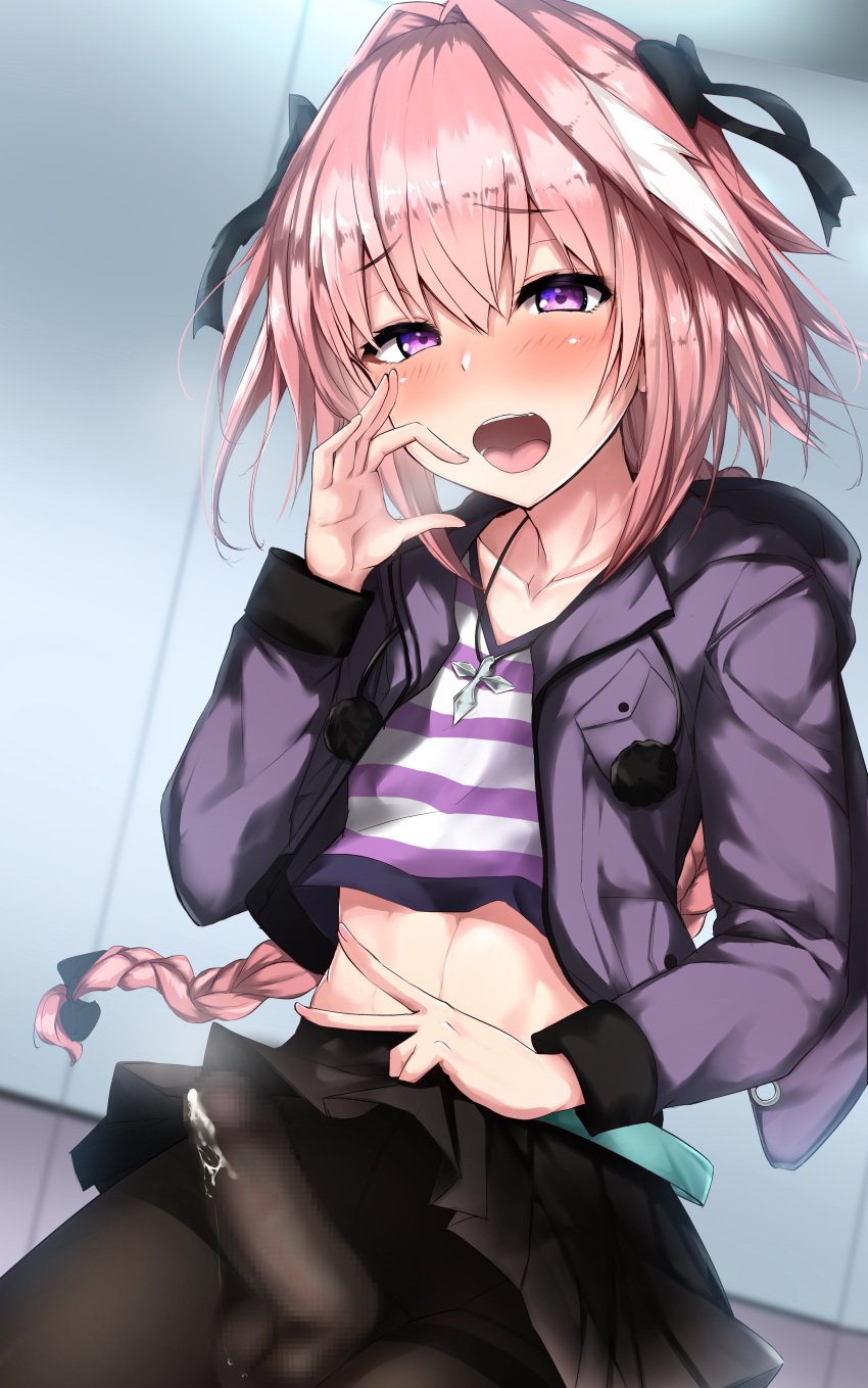 1boy absurdres akiamare astolfo_(fate) bangs belt black_bow black_legwear black_skirt blush bow braid breath censored crop_top crossdressing crotch_seam cum_through_clothes erection erection_under_pantyhose eyebrows_visible_through_hair fate/apocrypha fate/grand_order fate_(series) fellatio_gesture femboy girly hair_intakes heart heart-shaped_pupils highres hood hooded_jacket huge_filesize impossible_clothes jacket lifted_by_self long_braid long_hair long_sleeves male male_focus male_only miniskirt multicolored_hair no_panties nose_blush open_clothes open_jacket open_mouth oral_invitation pantyhose penis pink_hair pleated_skirt precum purple_eyes purple_jacket seamed_legwear shirt single_braid skirt skirt_lift solo streaked_hair striped striped_shirt symbol-shaped_pupils thighband_pantyhose trap v very_long_hair