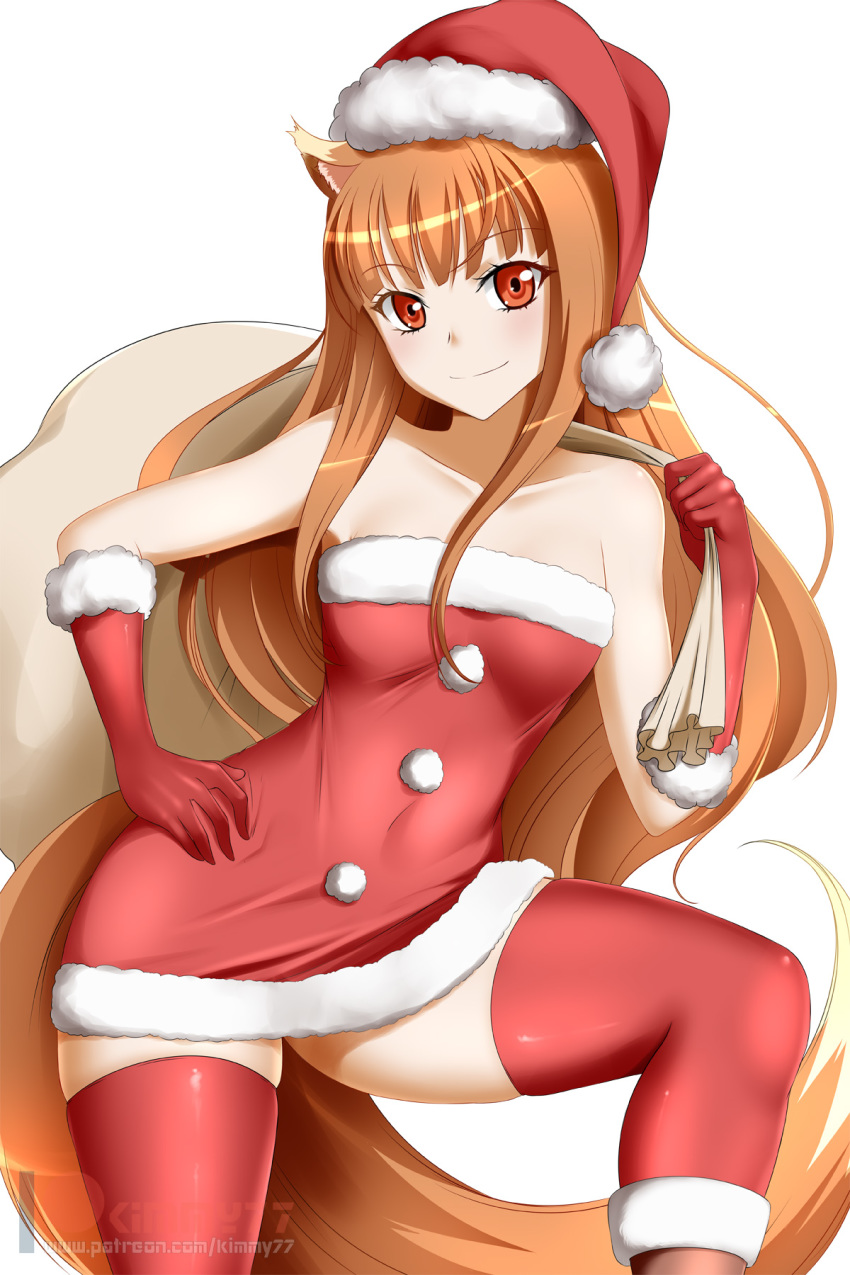 1girls blush christmas clothing dress female female_only holo kimmy77 looking_at_viewer santa_hat small_breasts solo spice_and_wolf spread_legs thighhighs white_background