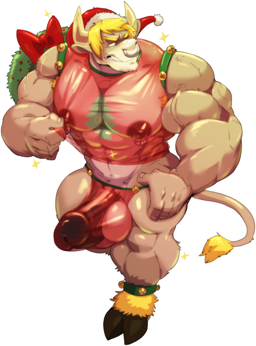 1boy 2019 5_fingers abs absurd_res anthro bara biceps big_muscles big_penis blonde_hair bovid bovine cattle christmas clothing cursedmarked erection facial_piercing fingers fur hair hat headgear headwear hi_res holidays hooves horn huge_balls huge_cock huge_muscles male male_only mammal muscular muscular_arms muscular_male muscular_thighs nipple_piercing nipples nose_piercing nose_ring pecs penis piercing red_eyes santa_hat shirt simple_background solo sparkles standing tan_body tan_fur tank_top thong topwear translucent translucent_clothing underwear veiny_muscles white_background zato