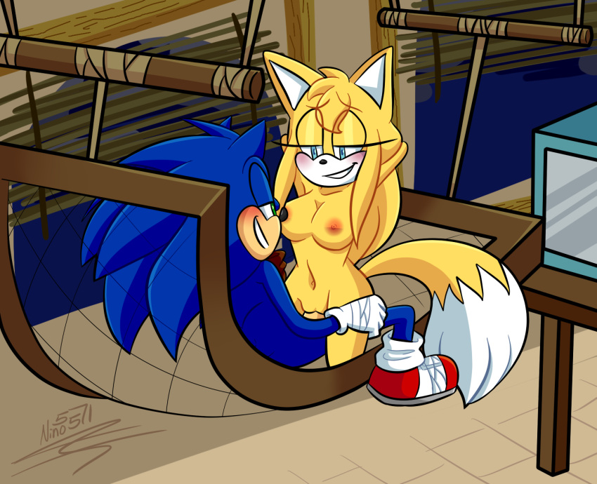 1boy 1girls bandages big_breasts blue_eyes blue_fur female fox green_eyes grinning hands_behind_head hedgehog nino5571_(artist) nipples pussy red_shoes riding smile sonic_(series) sonic_boom sonic_the_hedgehog straddling vaginal_penetration yellow_fur zooey_the_fox