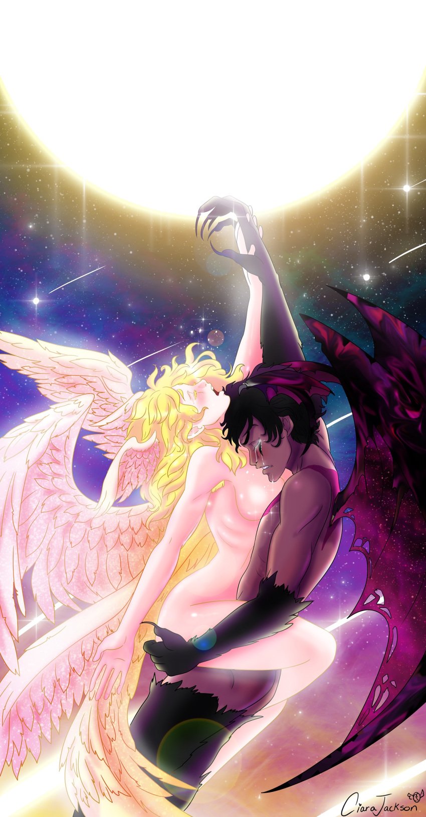 1futa 2010s akira_fudou ambiguous_penetration androgynous angel angel_wings blonde_hair breasts claws demon demon_wings devilman devilman_crybaby doublemaximus futanari head_wings large_breasts male pale-skinned_futanari pale_skin ryo_asuka satan_(devilman) tears wings