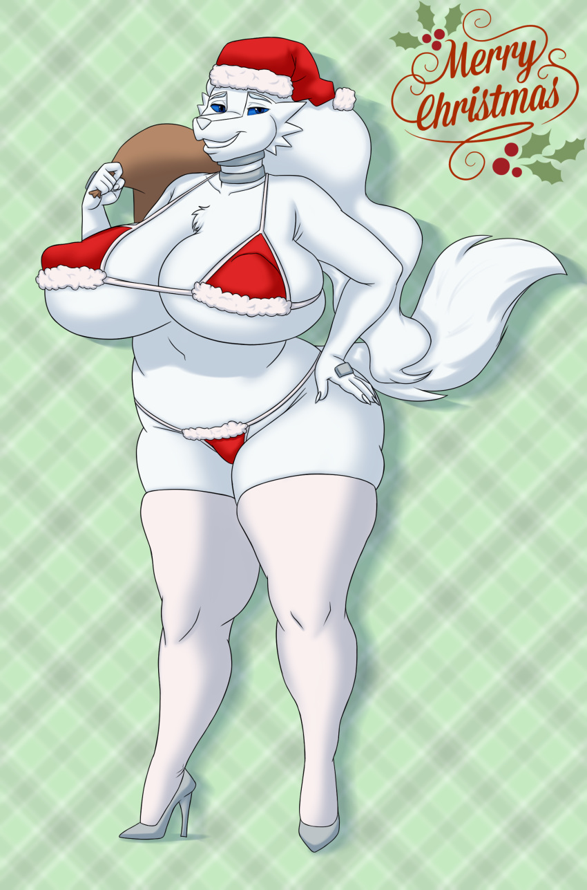 anthro bikini christmas deadpliss dragon game_freak high_heels ipan nintendo pokemon red_bikini reshiram santa_hat solo solo_female white_fur xmas