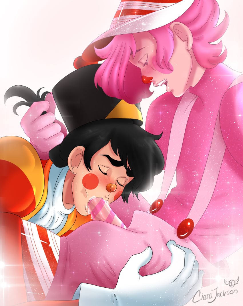 black_hair candy_land doublemaximus fellatio gay hair_pull hasbro long_hair male/male mr._mint nutcracker oral oral_sex pink_hair striped_penis wholesome yaoi