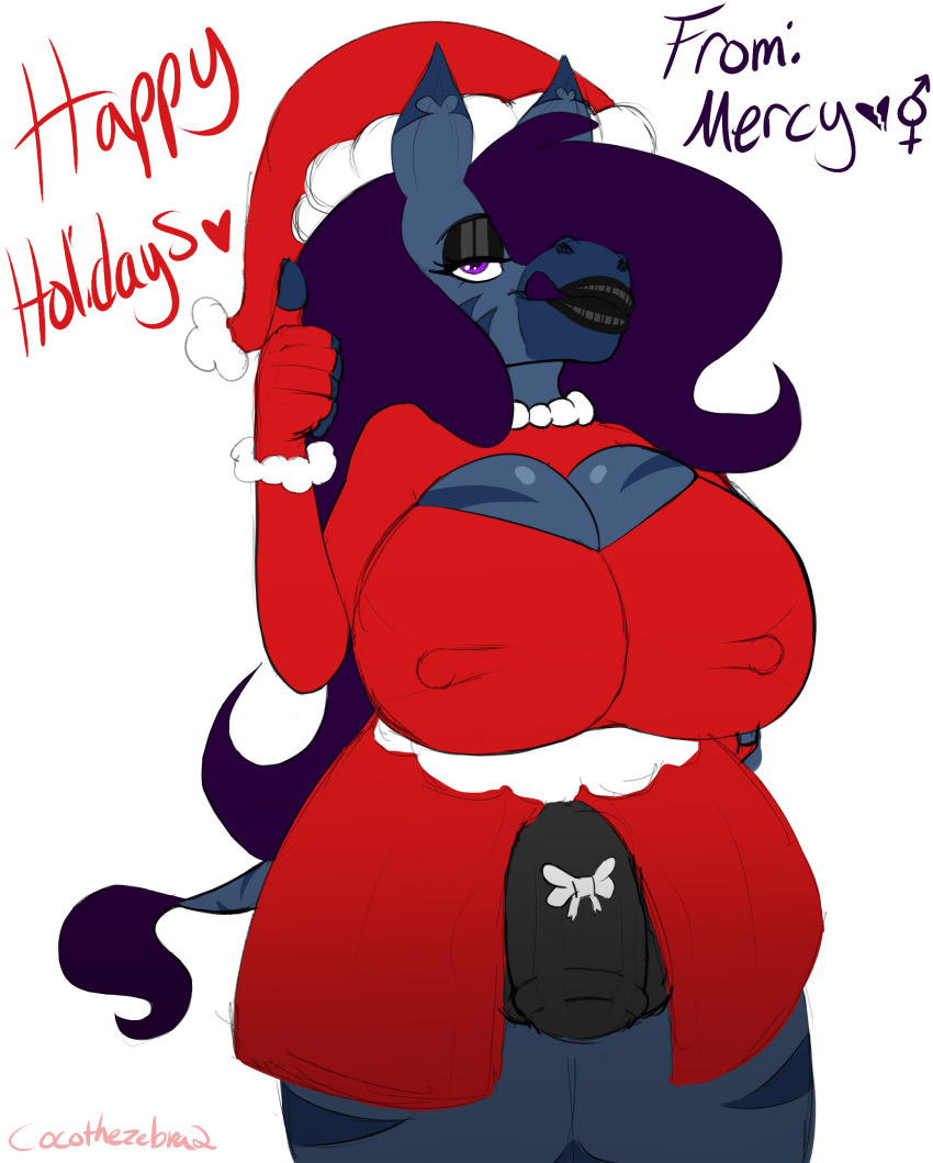 1futa absurd_res animal_genitalia animal_penis anthro balls big_balls big_breasts breasts bulge christmas equid equine equine_penis furry futa_only futanari gynomorph heart hi_res holiday_outfit holidays horsecock intersex mammal mercy_(oc) penis solo text zebra