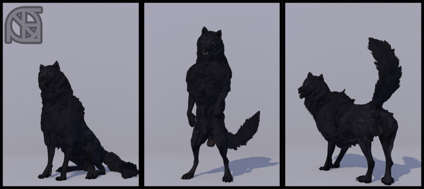 3d animal_genitalia anus ass backsack balls black_body black_fur black_nose canid canine canis claws cosmiclife fur looking_at_viewer looking_back male mammal multiple_poses paws pinup pose presenting presenting_anus presenting_balls presenting_hindquarters raised_tail romeo_(cosmiclife) semi-anthro sheath sitting smile solo standing teeth wolf