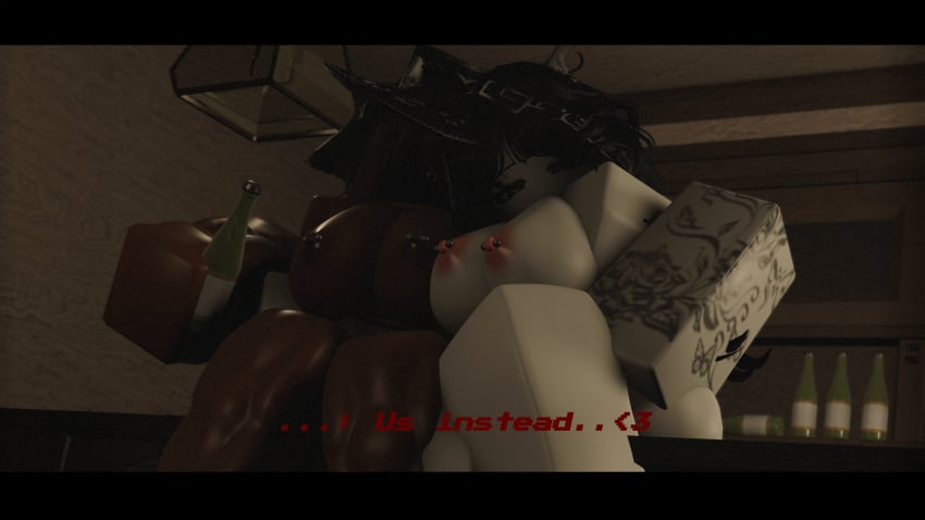 2girls 3d big_breasts breasts dark_skin dialogue female light_skin muscles muscular naked naked_female public public_nudity roblox roblox_avatar robloxian self_upload tagme text thatnexuu tomboy