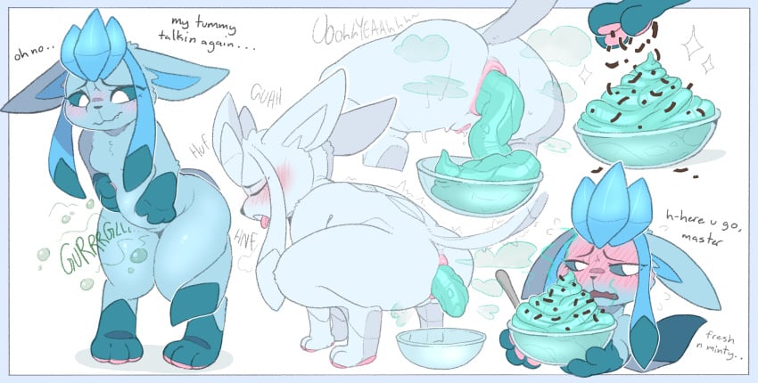2025 anthro anus ass backsash blue_body blue_feces blue_sclera blush bowl candy chocolate colored_feces container crouching dessert dialogue different_sound_effects digital_media_(artwork) eeveelution embarrassed english_text fart fart_cloud feces feces_in_bowl feces_pile female food fur generation_4_pokemon glaceon hair hi_res mammal nintendo nude onomatopoeia pawpads paws pokemon pokemon_(species) raised_tail rumbling_stomach scat scatplay simple_background solo sound_effects standing tail teeth text tongue unusual_feces vulva