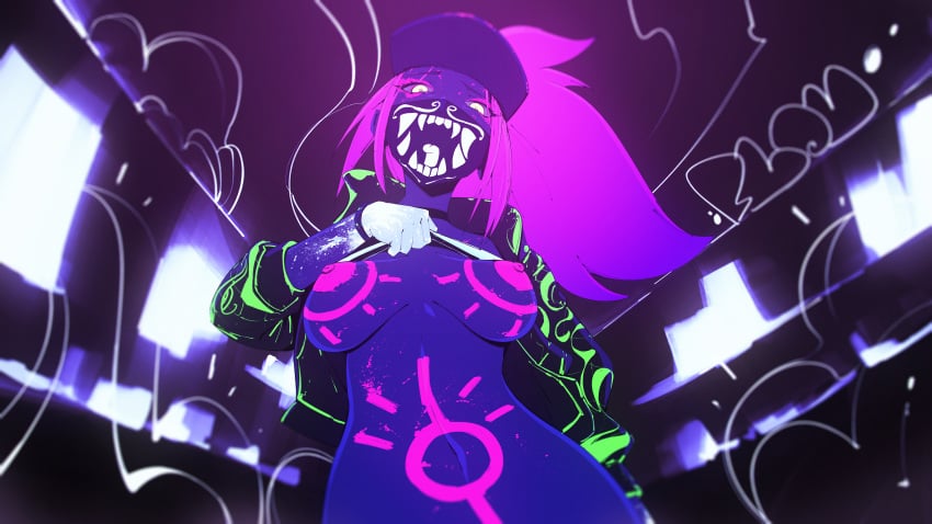 1girls absurd_res akali alternate_costume big_breasts blacklight breasts female female_focus female_only flashing flou k/da_akali k/da_series large_breasts league_of_legends looking_at_viewer looking_down mask navel neon nipples riot_games solo solo_focus