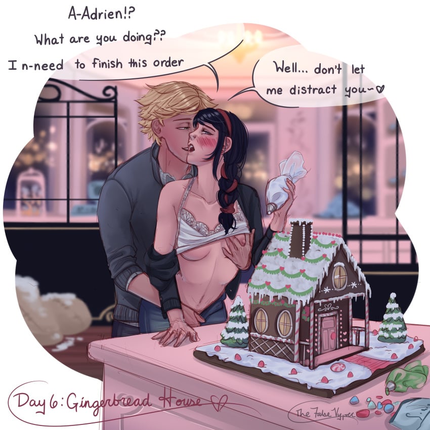 1boy 1girls adrien_agreste adrienette against_table blonde_hair blue_hair blush breast christmas clothed_sex female food food_play gingerbread_house groping hairbow hand_in_panties hand_on_breast happy_sex kissing long_hair male marinette_cheng marinette_dupain-cheng miraculous_ladybug naked pale-skinned_female pale-skinned_male pale_skin public_sex straight taken_from_behind thefalsevyper